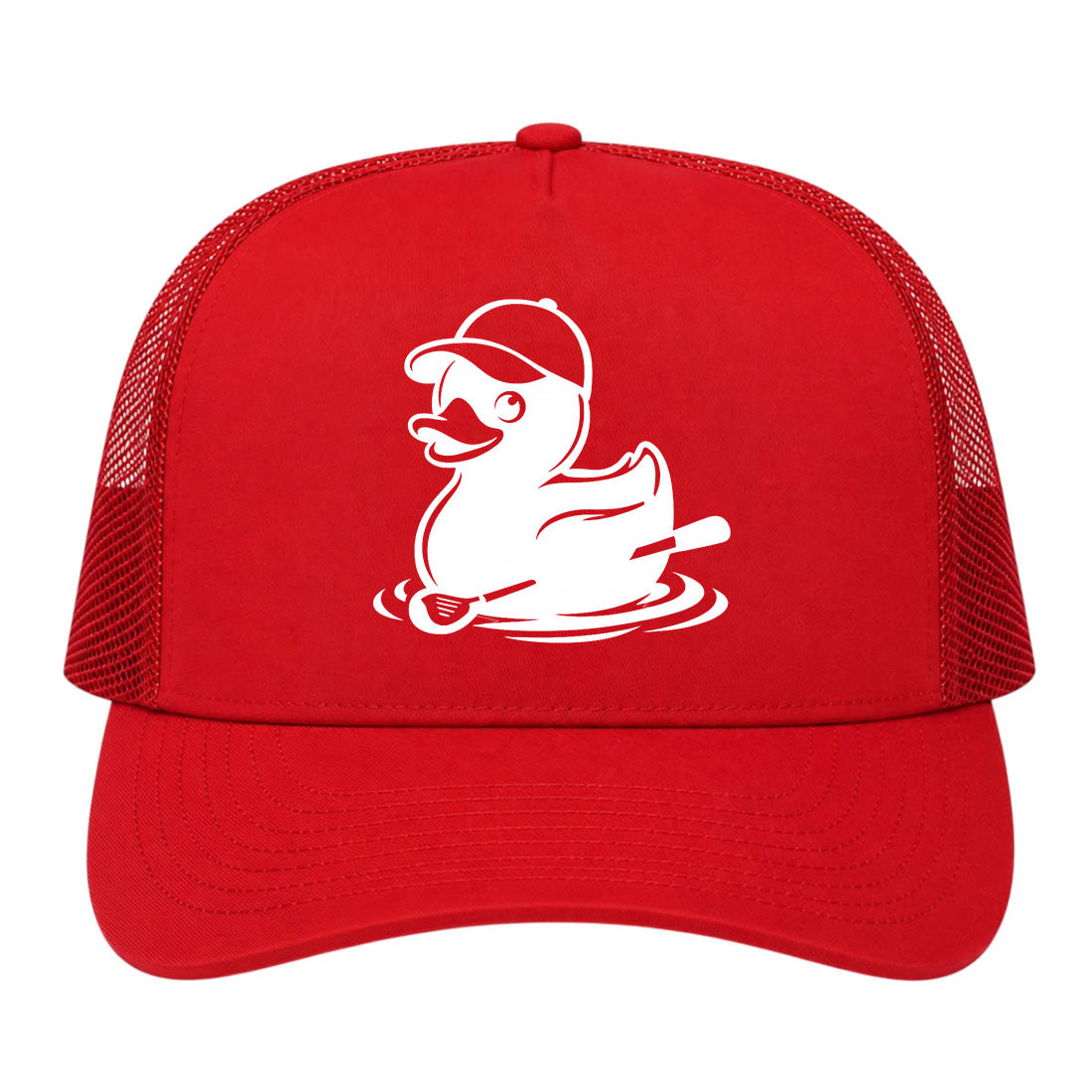 Red Rubber Duck With Golf Club Golf Trucker Hat