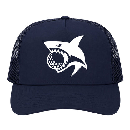 Navy Blue Shark Biting Golf Ball Golf Trucker Hat