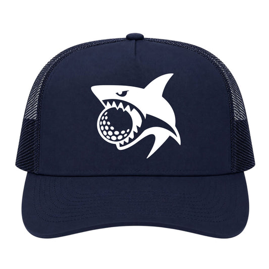 Navy Blue Shark Biting Golf Ball Golf Trucker Hat