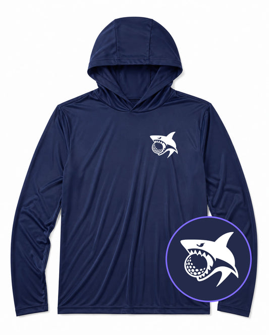 Navy Blue Shark Biting Golf Ball Men's Lightweight Performance Golf Hoodie