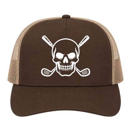 Brown Skull And Golf Clubs Alternative Golf Trucker Hat