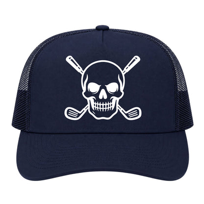 Navy Blue Skull And Golf Clubs Alternative Golf Trucker Hat