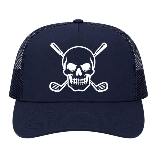 Navy Blue Skull And Golf Clubs Alternative Golf Trucker Hat