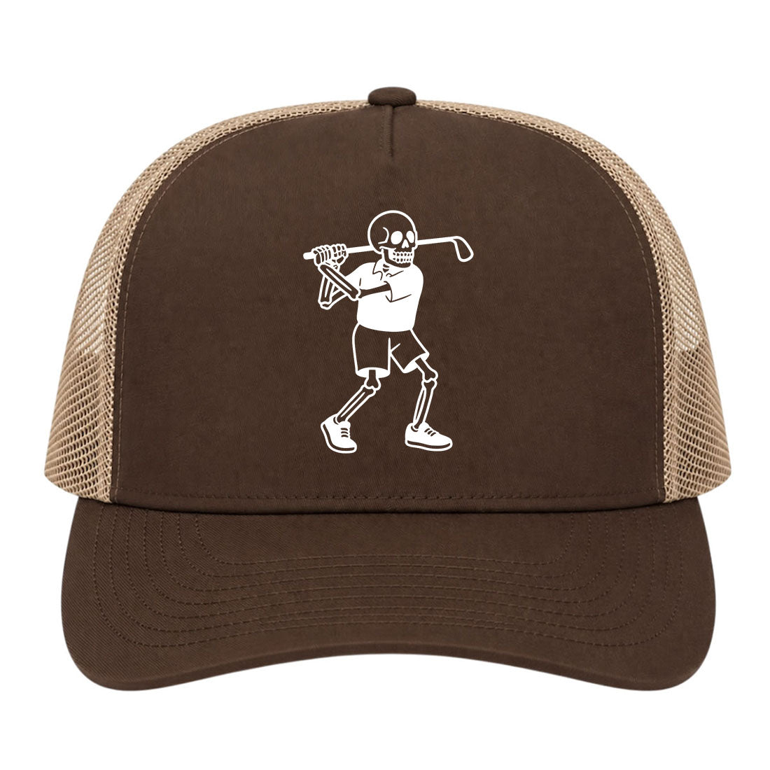 Brown Skull Skeleton Golfer Golf Trucker Hat