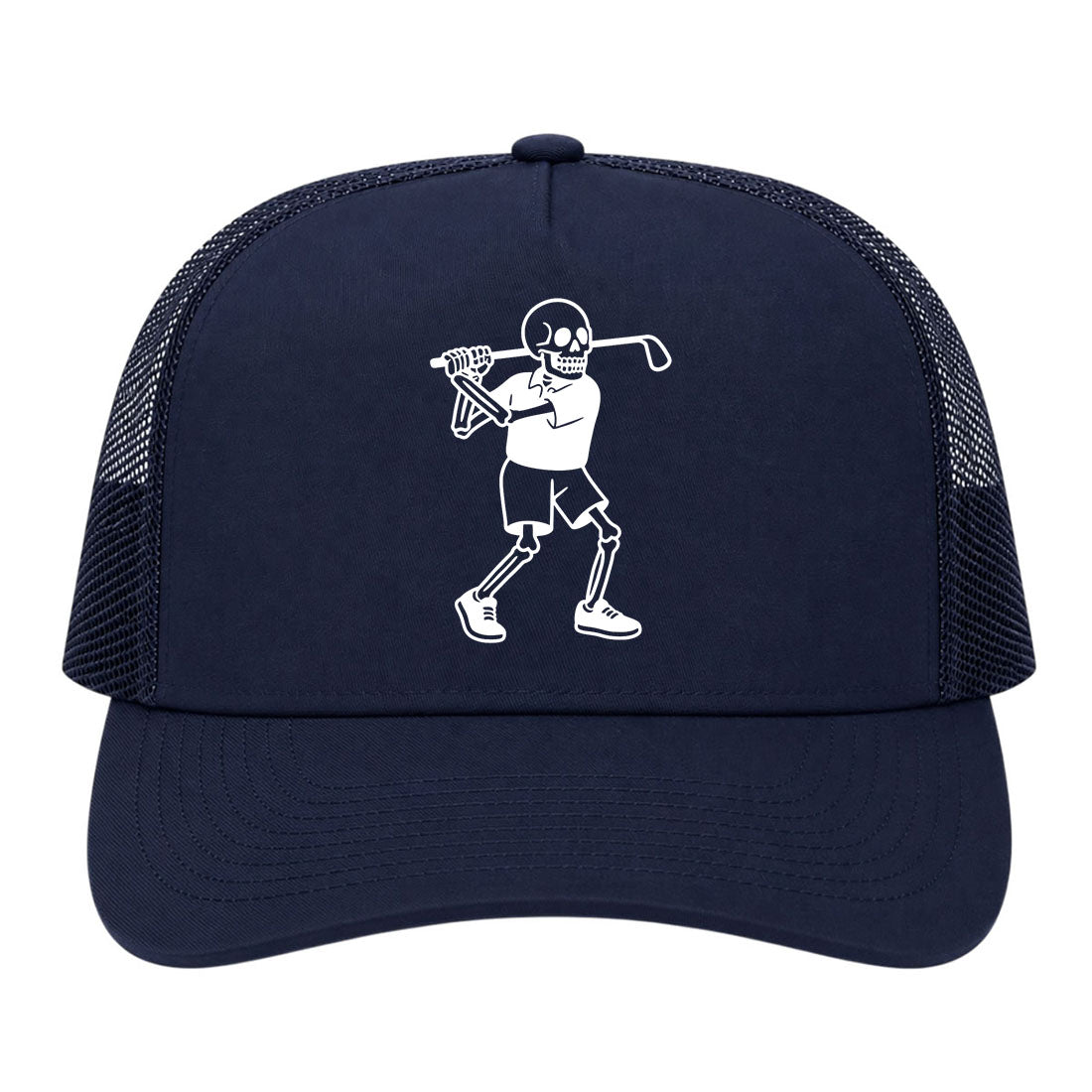 Navy Blue Skull Skeleton Golfer Golf Trucker Hat