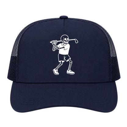 Navy Blue Skull Skeleton Golfer Golf Trucker Hat