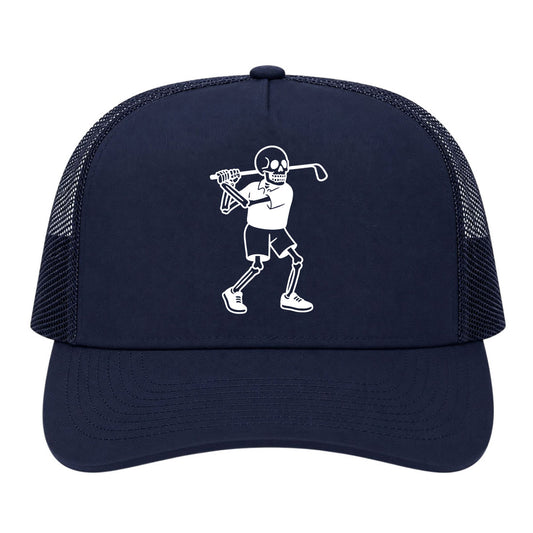 Navy Blue Skull Skeleton Golfer Golf Trucker Hat