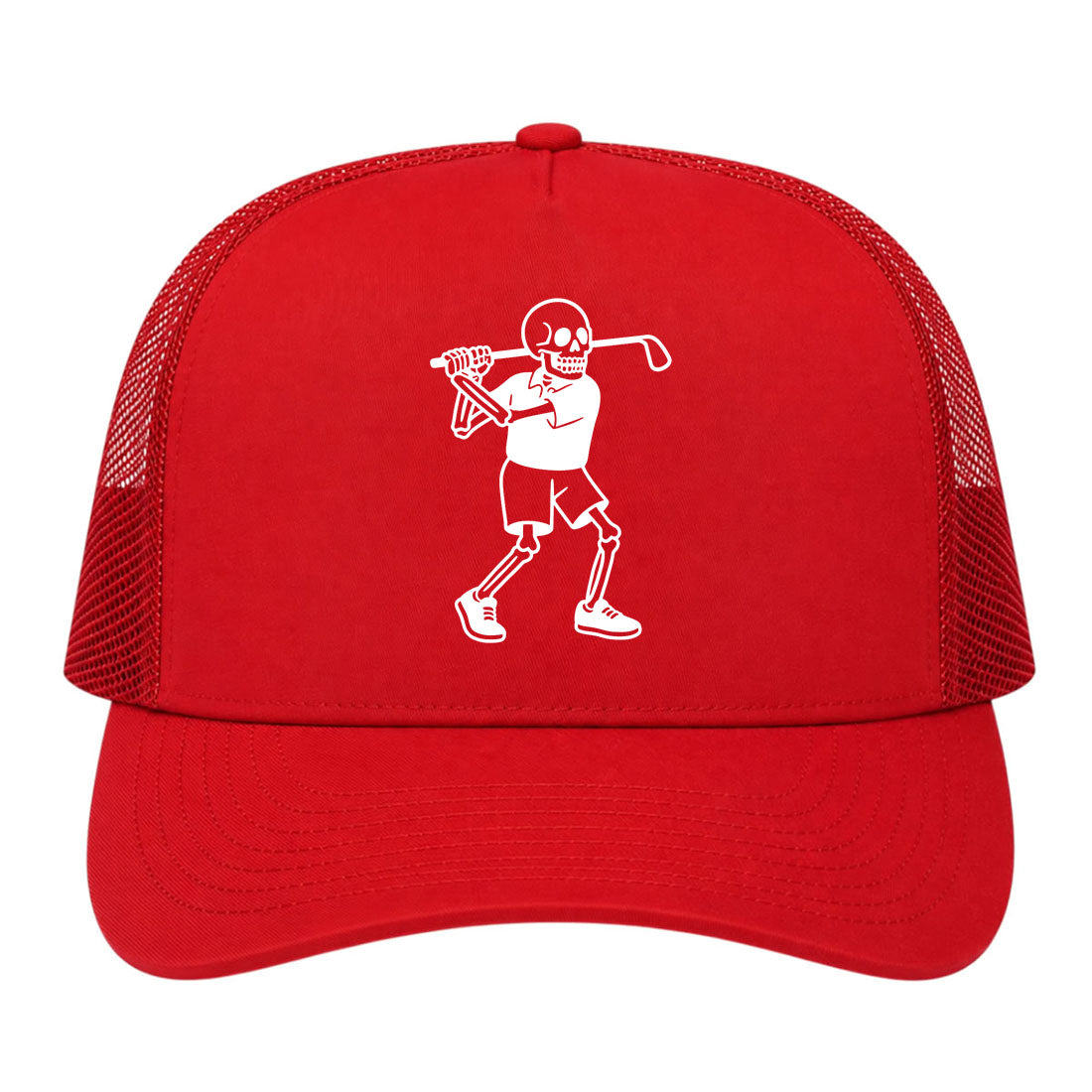 Red Skull Skeleton Golfer Golf Trucker Hat
