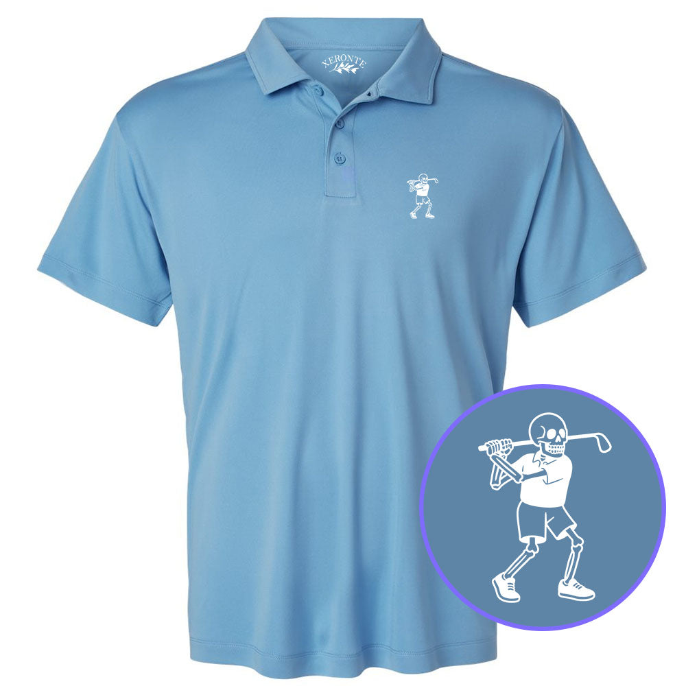 Carolina Blue Skull Skeleton Golfer Men's Golf Polo Shirt