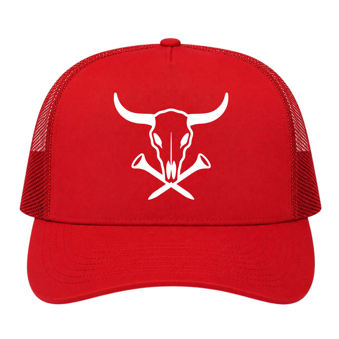Red Texas Cattle Skull Golf Trucker Hat