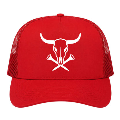 Red Texas Cattle Skull Golf Trucker Hat