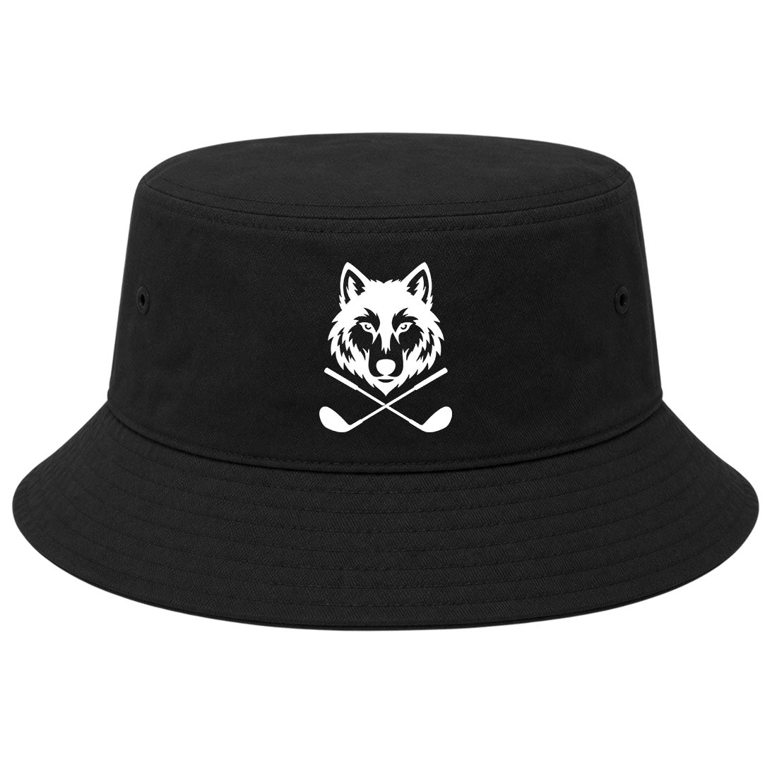 Black Wolf Head Crossed Golf Clubs Golf Bucket Hat