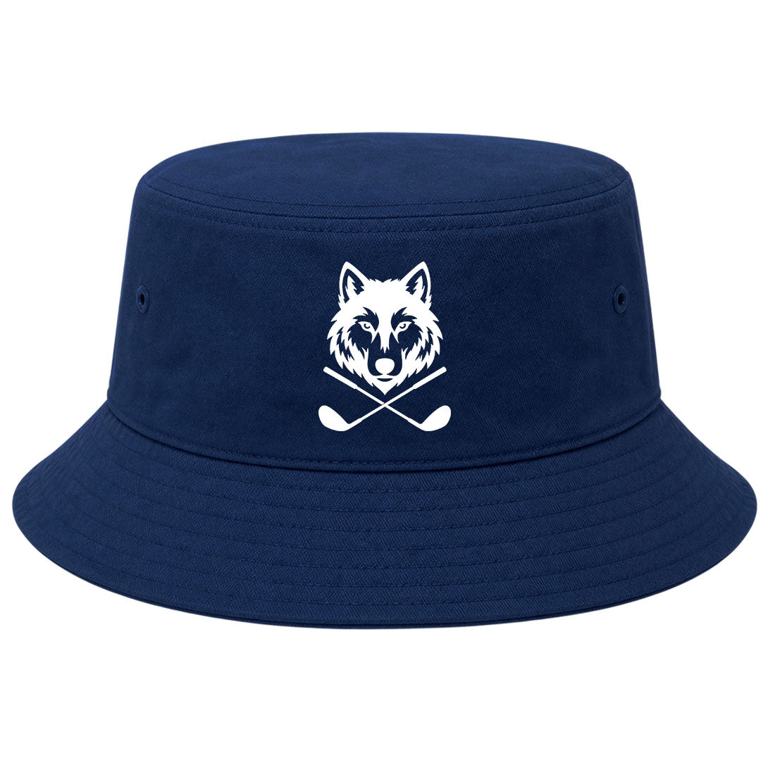 Navy Wolf Head Crossed Golf Clubs Golf Bucket Hat