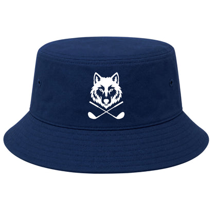 Navy Wolf Head Crossed Golf Clubs Golf Bucket Hat