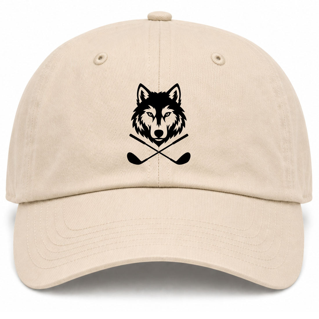 Beige Wolf Head Crossed Golf Clubs Golf Dad Hat