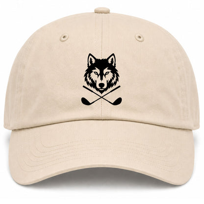 Beige Wolf Head Crossed Golf Clubs Golf Dad Hat
