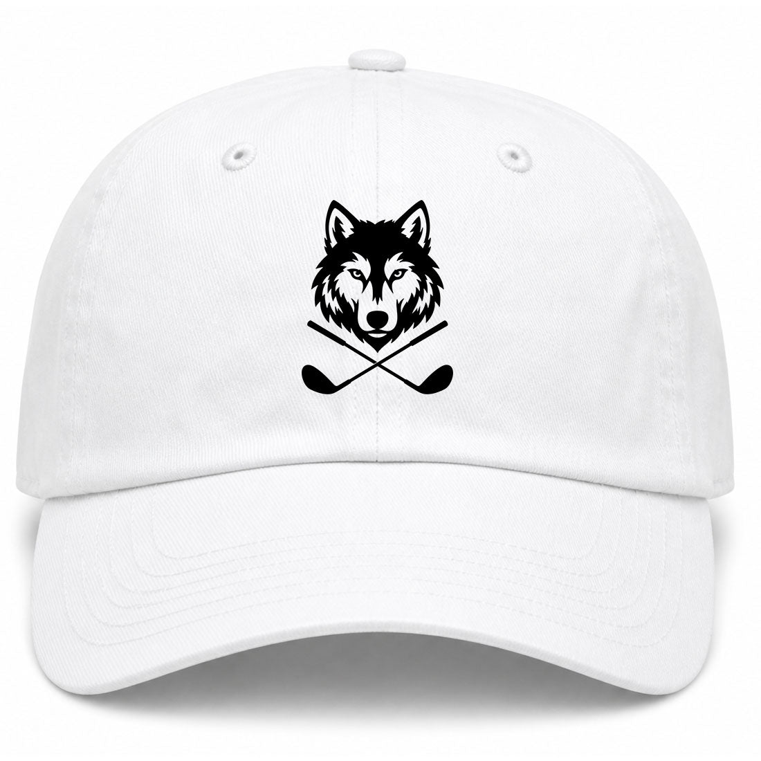 White Wolf Head Crossed Golf Clubs Golf Dad Hat