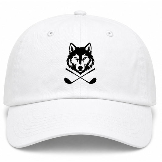 White Wolf Head Crossed Golf Clubs Golf Dad Hat