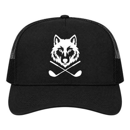 Black Wolf Head Crossed Golf Clubs Golf Trucker Hat