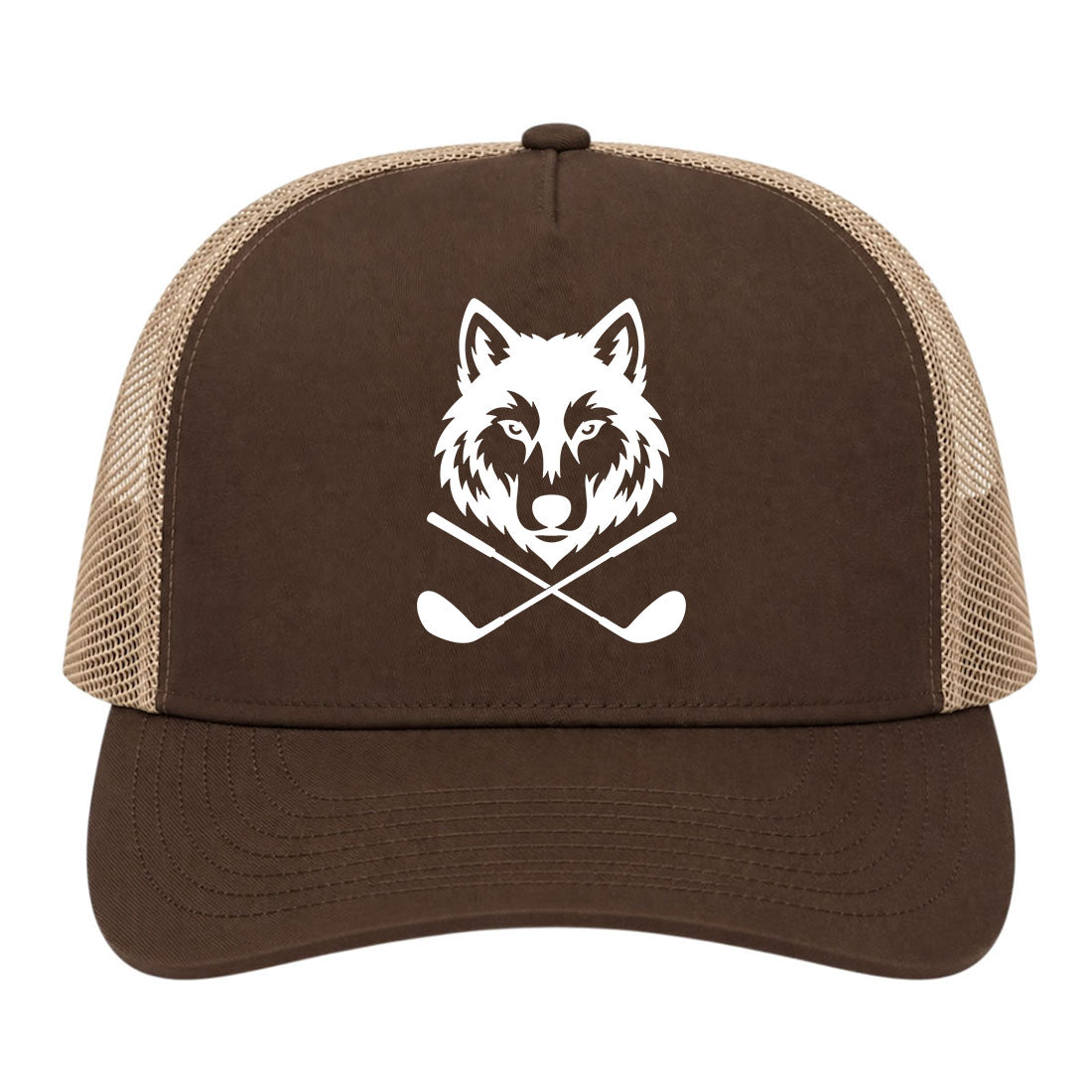 Brown Wolf Head Crossed Golf Clubs Golf Trucker Hat
