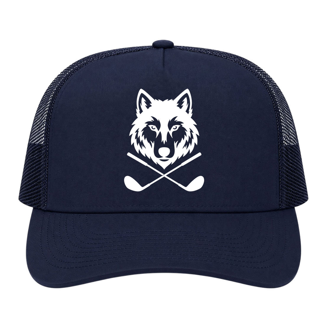 Navy Blue Wolf Head Crossed Golf Clubs Golf Trucker Hat