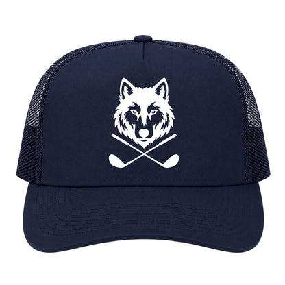 Navy Blue Wolf Head Crossed Golf Clubs Golf Trucker Hat