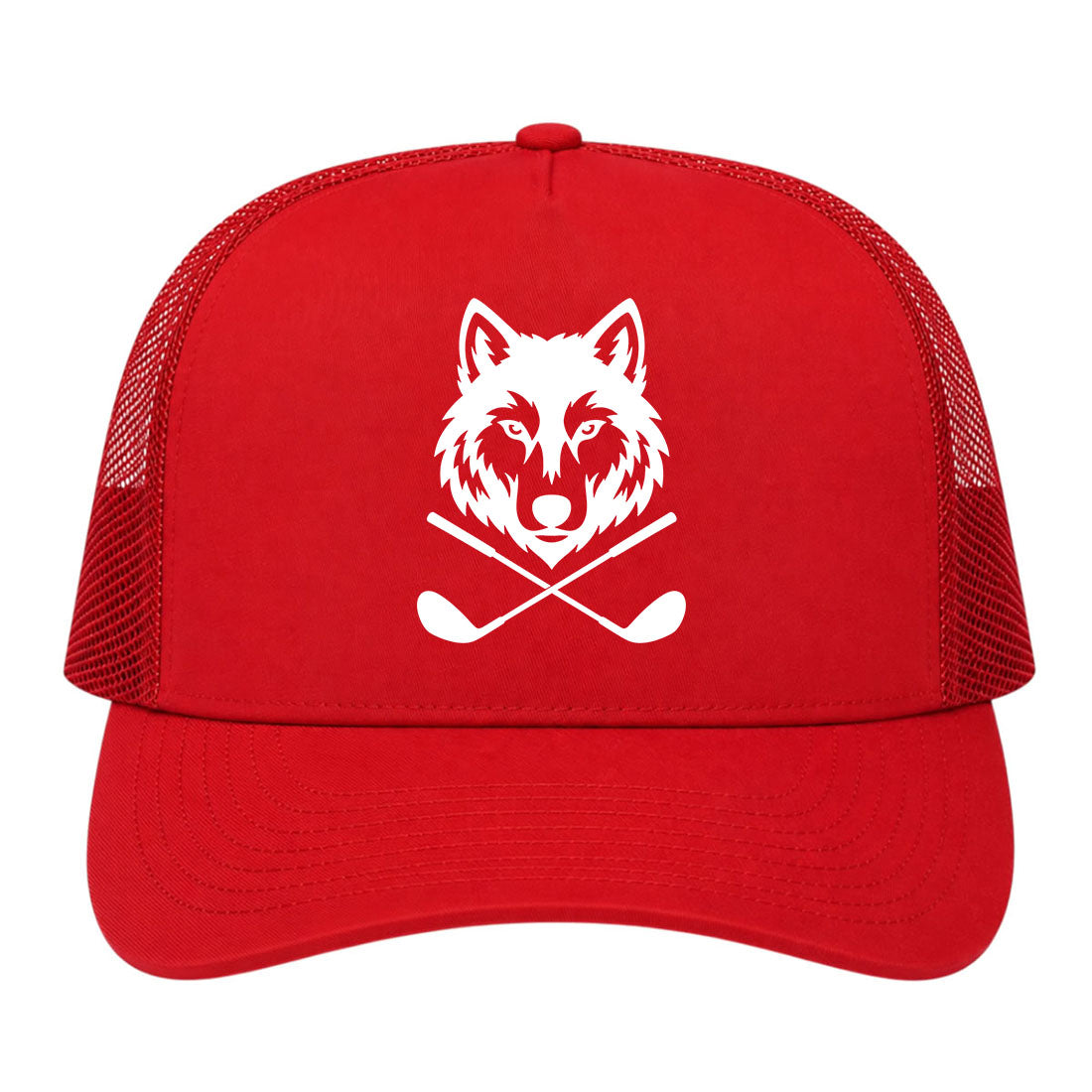 Red Wolf Head Crossed Golf Clubs Golf Trucker Hat