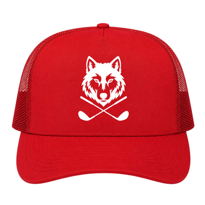 Red Wolf Head Crossed Golf Clubs Golf Trucker Hat