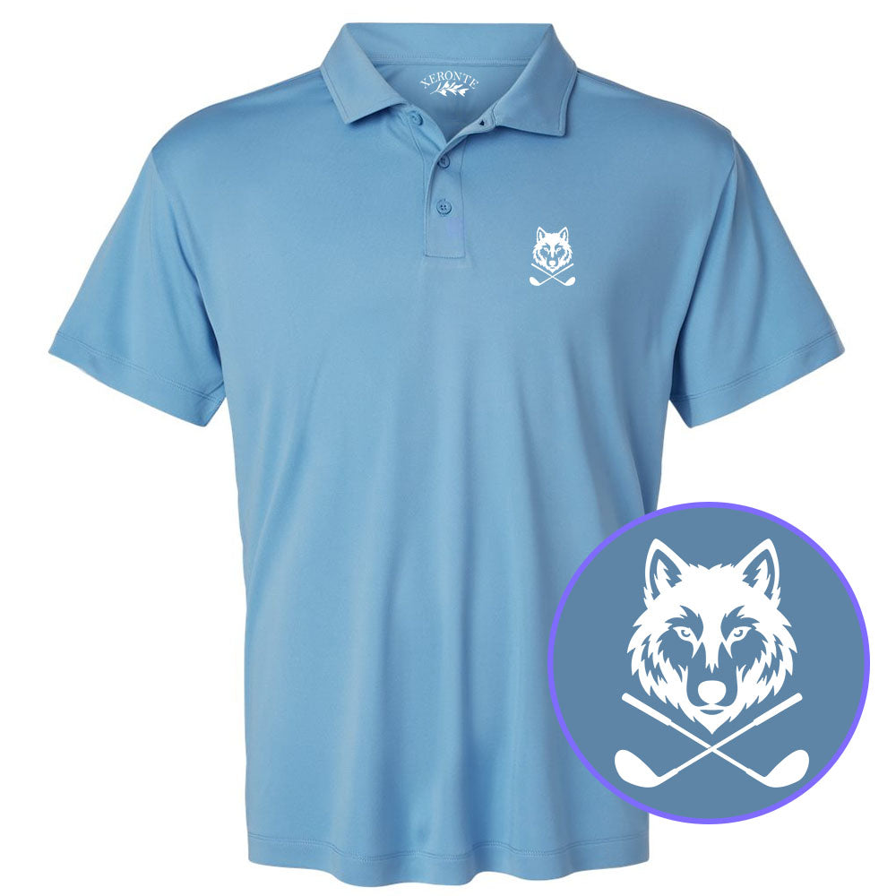 Carolina Blue Wolf Head Crossed Golf Clubs Men's Golf Polo Shirt
