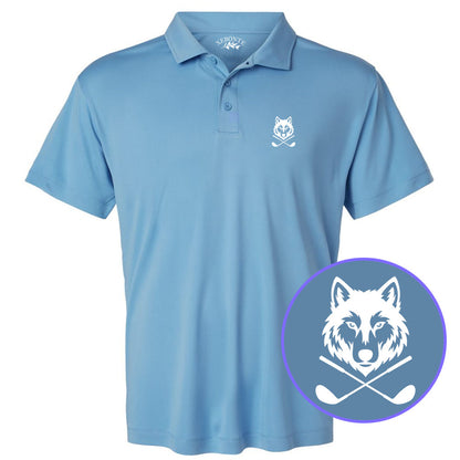 Carolina Blue Wolf Head Crossed Golf Clubs Men's Golf Polo Shirt