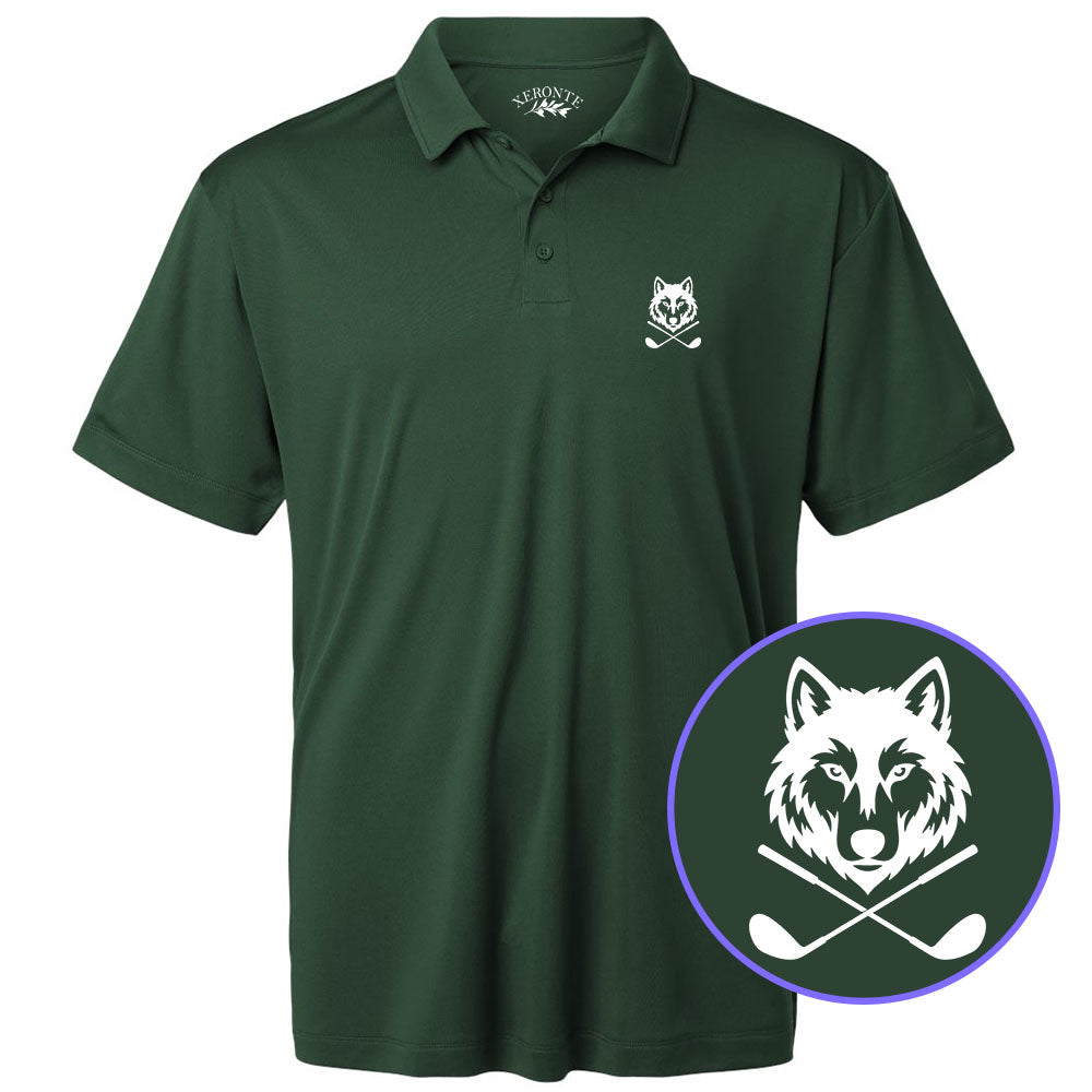 Green Wolf Head Crossed Golf Clubs Men's Golf Polo Shirt