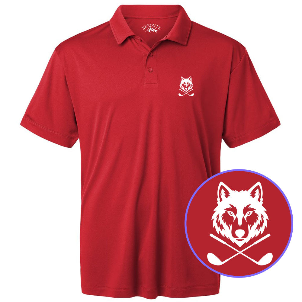 Red Wolf Head Crossed Golf Clubs Men's Golf Polo Shirt