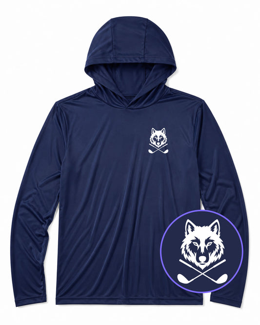 Navy Blue Wolf Head Crossed Golf Clubs Men's Lightweight Performance Golf Hoodie