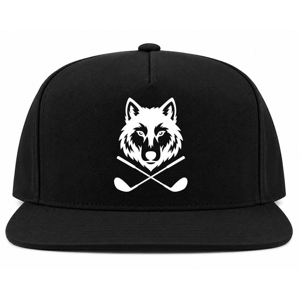 Black Wolf Head Crossed Golf Clubs Golf Snapback Hat