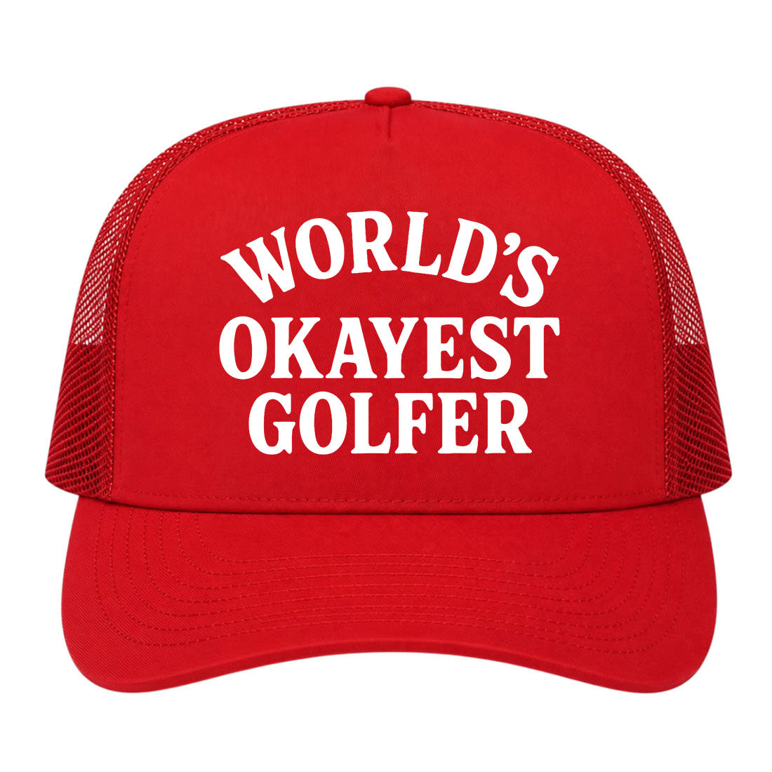 Red Worlds Okayest Golfer Golf Trucker Hat
