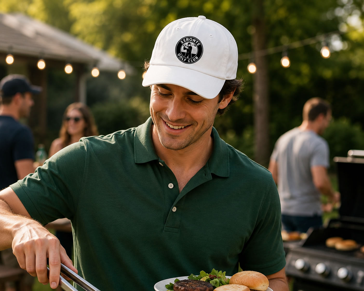 man at bbq wearing a green polo and xeronte golf dad hat