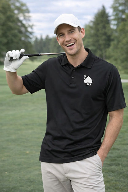 Man wearing ace of spades golf polo shirt with golf club