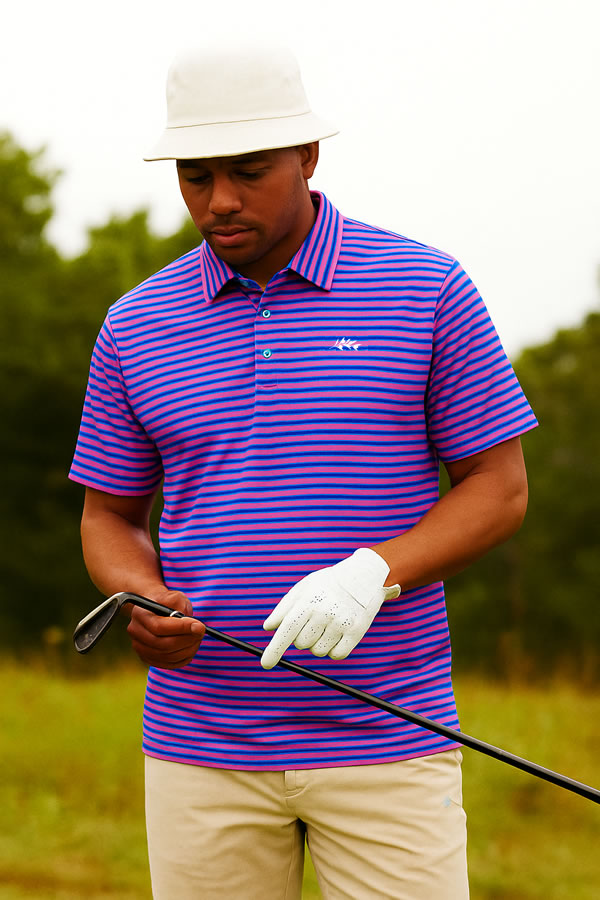 model in pink and blue striped men's golf shirt