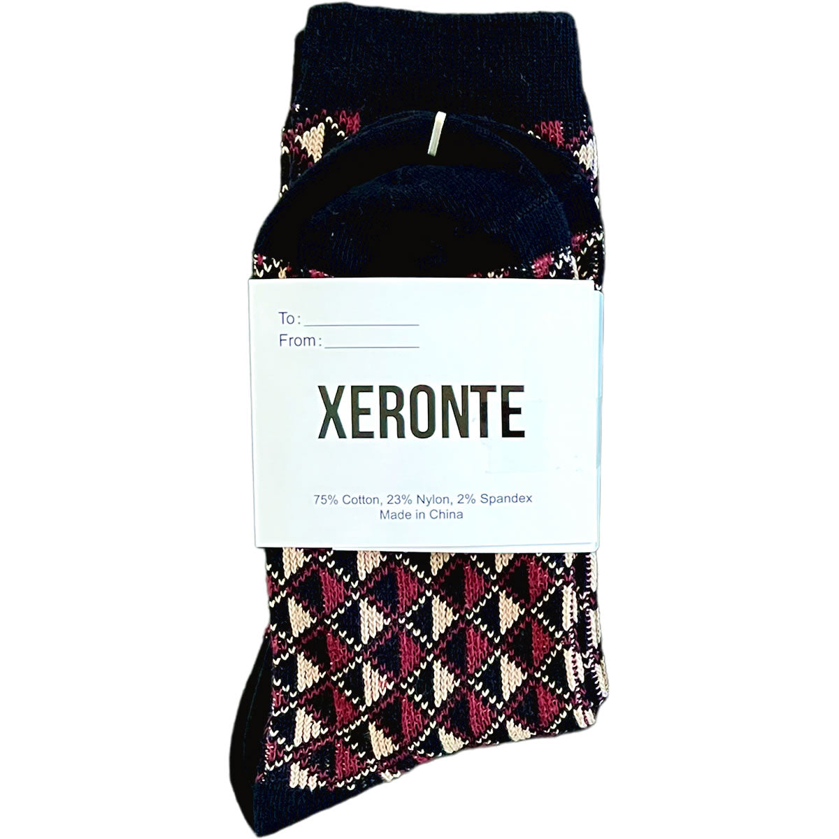 Black And Burgundy Diamond Quilted Pattern Mens Crew Socks Gift Label