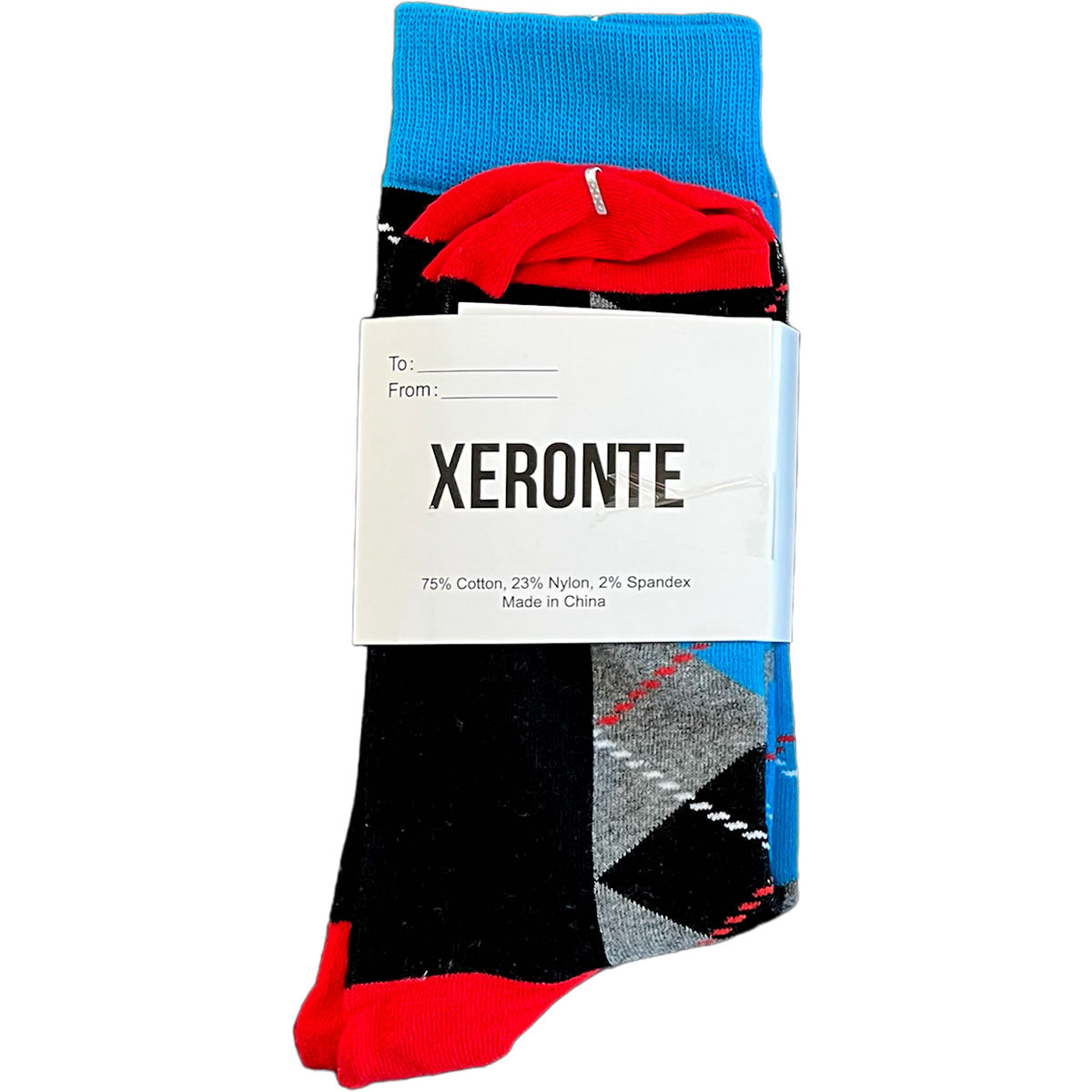 Black Red Blue Argyle Mens Crew Socks Gift Label