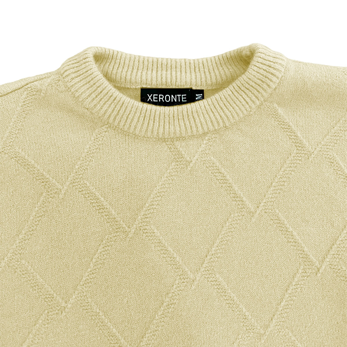 Cream Mens Knit Diamond Pattern Crew Neck Sweater Xeronte