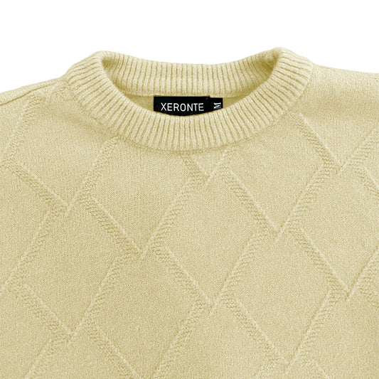 Cream Mens Knit Diamond Pattern Crew Neck Sweater Xeronte