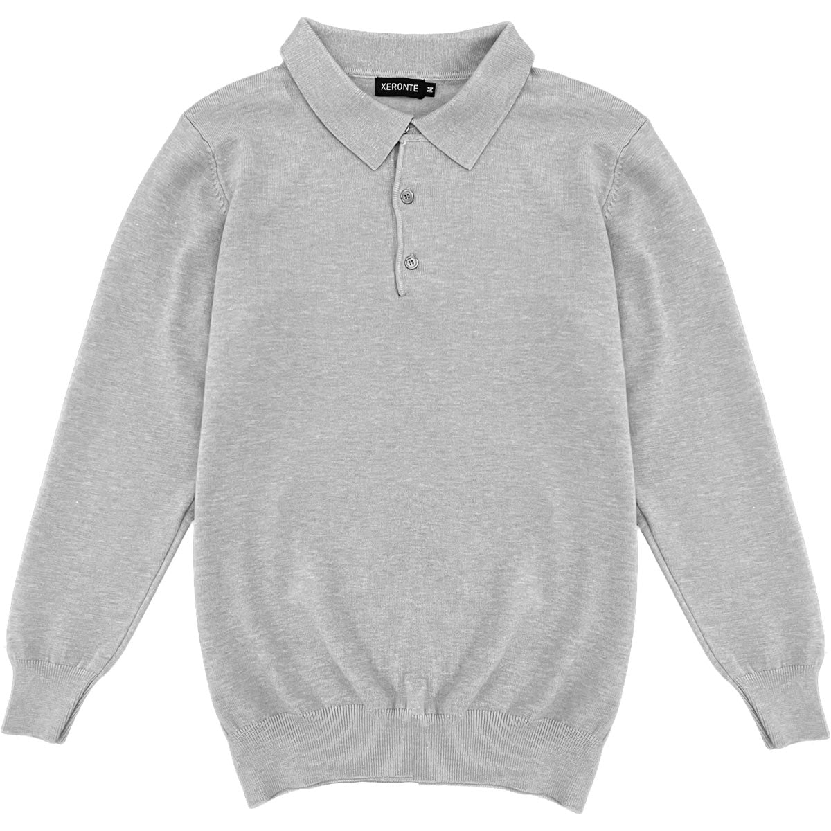 Heather Grey Mens Knit Long Sleeve Sweater Polo Shirt