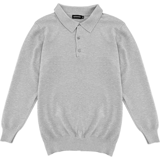 Heather Grey Mens Knit Long Sleeve Sweater Polo Shirt