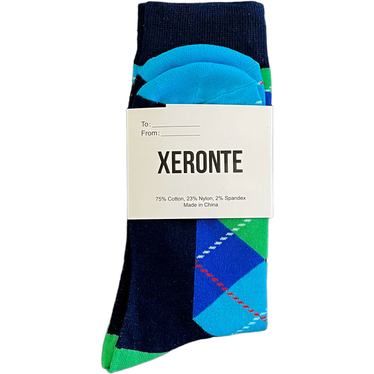 Navy Blue And Green Argyle Mens Crew Socks Gift Label