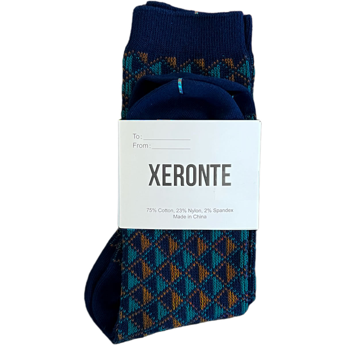 Navy Blue Diamond Quilted Pattern Mens Crew Socks Gift Label