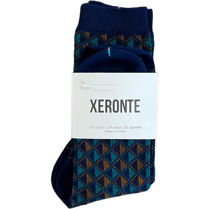 Navy Blue Diamond Quilted Pattern Mens Crew Socks Gift Label