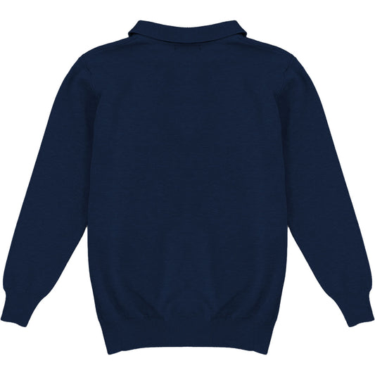 Navy Blue Mens Knit Long Sleeve Sweater Polo Shirt Back