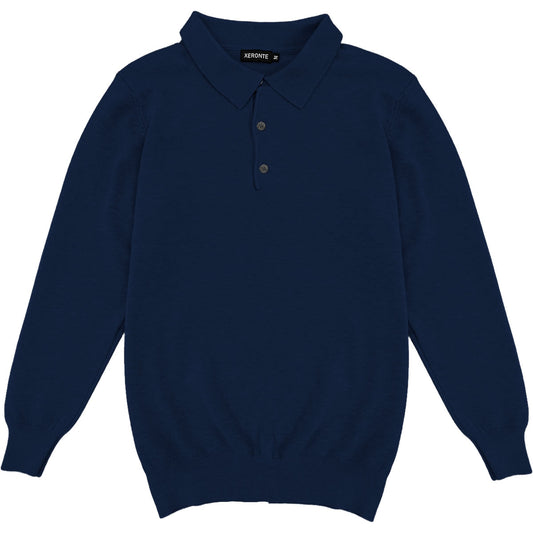 Navy Blue Mens Knit Long Sleeve Sweater Polo Shirt