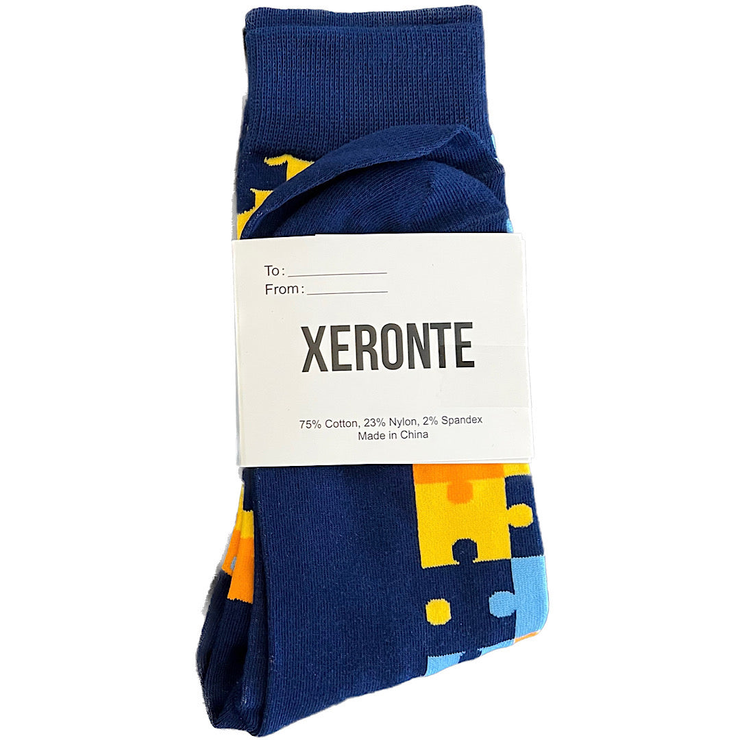 Navy Blue Puzzle Pieces Mens Crew Socks Gift